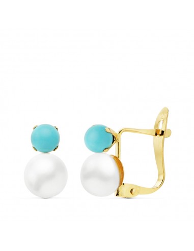 18K PENDIENTES ORO AMARILLO TURQUESA 3 MM PERLA 6 MM CIERRE CATALAN