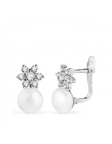 18K PENDIENTES ORO BLANCO PERLAS Y CUAJO CON CIRCONITAS. MEDIDA: 12X7 MM. CIERRE CATALAN