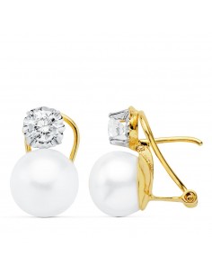 18K PENDIENTES BICOLOR PERLA BOTON 9.5 MM CIERRE OMEGA