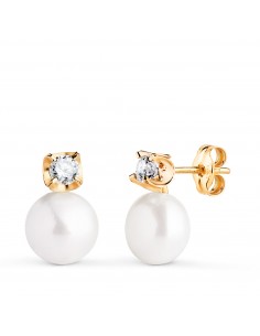 18K PENDIENTES ORO AMARILLO TU Y YO PERLA CON CIRCONITA. MEDIDA: 12 X 7 MM. CIERRE PRESION