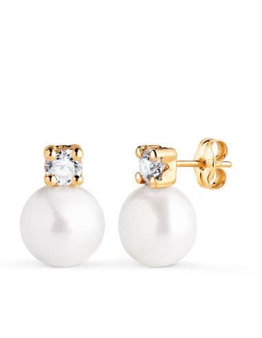 18K PENDIENTES ORO AMARILLO TU Y YO PERLA CON CIRCONITA. MEDIDA: 13 X 9 MM. CIERRE PRESION