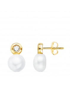 18K PENDIENTES ORO AMARILLO PERLA Y CHATON CON CIRCONTIA. MEDIDA: 12 X 7 MM. CIERRE PRESION