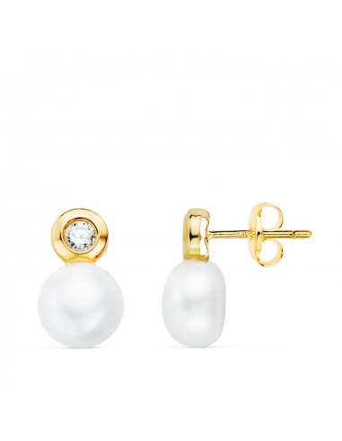 18K PENDIENTES ORO AMARILLO PERLA Y CHATON CON CIRCONTIA. MEDIDA: 12 X 7 MM. CIERRE PRESION