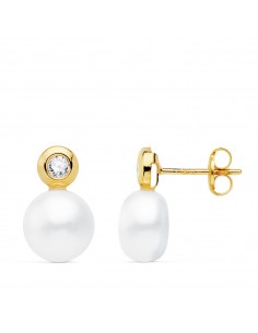 18K PENDIENTES ORO AMARILLO PERLA Y CHATON. 13X8 MM CIERRE PRESION