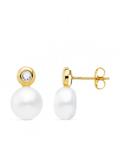 18K PENDIENTES ORO AMARILLO PERLA Y CHATON. 13X8 MM CIERRE PRESION