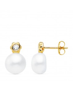 18K PENDIENTES ORO AMARILLO PERLA Y FLOR 12X8 MM CIERRE PRESION