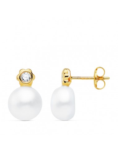 18K PENDIENTES ORO AMARILLO PERLA Y FLOR 12X8 MM CIERRE PRESION