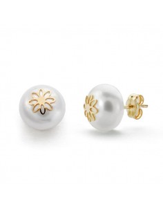 18K PENDIENTES ORO AMARILLO PERLA FLOR 9 MM CIERRE PRESION
