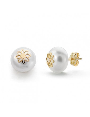 18K PENDIENTES ORO AMARILLO PERLA FLOR 9 MM CIERRE PRESION