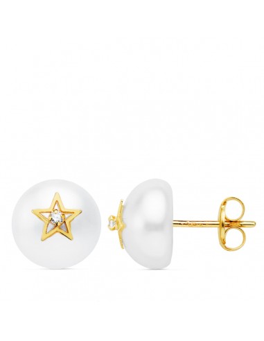 18K PENDIENTES ORO AMARILLO MEDIA PERLA 9 MM Y ESTRELLA CIERRE PRESION