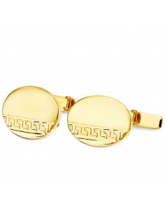 GEMELOS ORO AMARILLO OVAL GRECA MATE Y BRILLO 18X13 MM CIERRE RIGIDO OSCILANTE