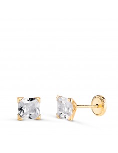 18K PENDIENTES ORO AMARILLO CIRCONITA CUADRADA CON 4 GARRAS. ANCHO: 5MM. CIERRE TUERCA