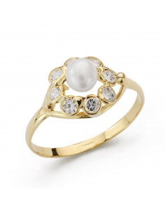 18K SORTIJA COMUNION. CIRCONITAS, PERLA.