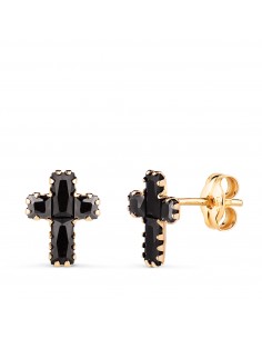 18K PENDIENTES ORO AMARILLO CRUZ CON CIRCONITAS NEGRAS BAGUETTE. 8 5 X 6 5 MM. CIERRE PRESION