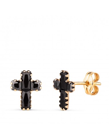 18K PENDIENTES ORO AMARILLO CRUZ CON CIRCONITAS NEGRAS BAGUETTE. 8 5 X 6 5 MM. CIERRE PRESION