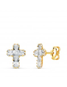 18K PENDIENTES ORO AMARILLO CRUZ CIRCONITAS BAGUETTE. 8 5 X 6 5 MM. CIERRE PRESION