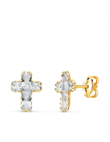 18K PENDIENTES ORO AMARILLO CRUZ CIRCONITAS BAGUETTE. 8 5 X 6 5 MM. CIERRE PRESION