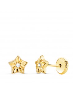 18K PENDIENTES ORO AMARILLO ESTRELLAS CON CIRCONITA 5 X 5 MM CIERRE TUERCA