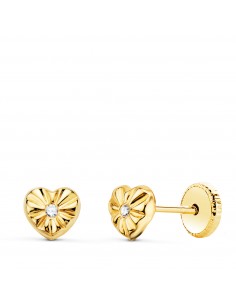 18K PENDIENTES ORO AMARILLO CORAZON CON CIRCONITA 5 X 5 MM CIERRE TUERCA