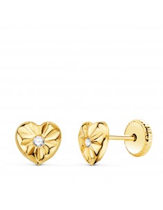 18K PENDIENTES ORO AMARILLO CORAZON CON CIRCONITA 6 5 X 6 MM CIERRE TUERCA