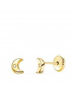 18K PENDIENTES ORO AMARILLO MEDIA LUNA CON CIRCONITA BRILLO 5X4 MM. CIERRE TUERCA