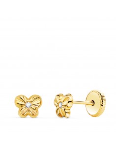 18K PENDIENTES ORO AMARILLO MARIPOSA CON CIRCONITA 5 5 X 4 MM. CIERRE TUERCA