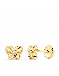 18K PENDIENTES ORO AMARILLO MARIPOSA CON CIRCONITA 6 5 X 5 MM. CIERRE TUERCA