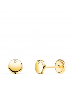 18K PENDIENTES ORO AMARILLO REDONDOS BRILLO CON CIRCONITA 5 5 MM.CIERRE TUERCA