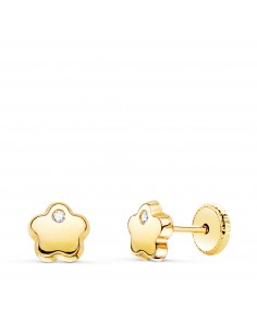 18K PENDIENTES ORO AMARILLO FLOR CON CIRCONITA BRILLO 6X6 MM. CIERRE TUERCA