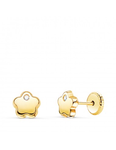 18K PENDIENTES ORO AMARILLO FLOR CON CIRCONITA BRILLO 6X6 MM. CIERRE TUERCA