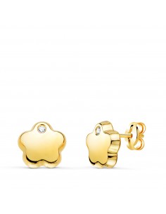 18K PENDIENTES ORO AMARILLO FLOR CON CIRCONITA BRILLO 7X7 MM. CIERRE PRESION