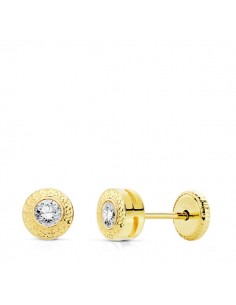18K PENDIENTES ORO AMARILLO CHATON REDONDOS 5 MM  CON GRECA   Y  CIRCONITA  CIERRE TUERCA