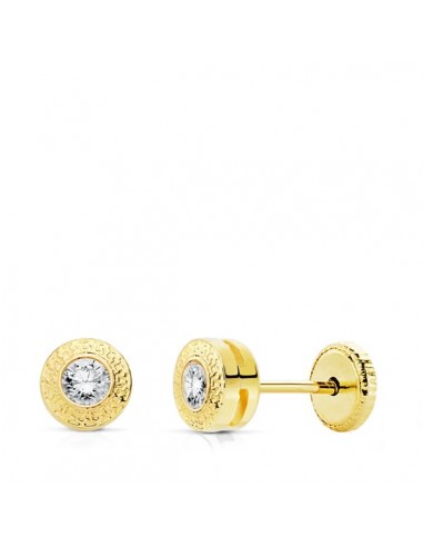 18K PENDIENTES ORO AMARILLO CHATON REDONDOS 5 MM  CON GRECA   Y  CIRCONITA  CIERRE TUERCA