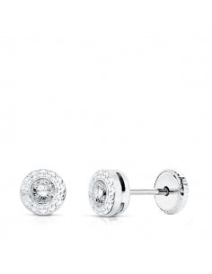18K PENDIENTES ORO BLANCO CHATON CON GRECA Y CIRCONITA 3 MM CIERRE TUERCA