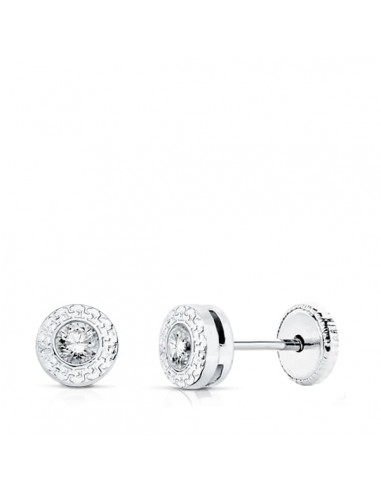 18K PENDIENTES ORO BLANCO CHATON CON GRECA Y CIRCONITA 3 MM CIERRE TUERCA