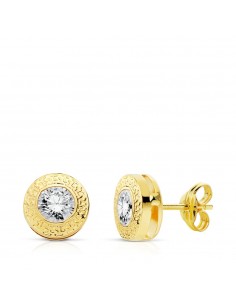 18K PENDIENTES ORO AMARILLO CHATON REDONDOS  7 MM  CON GRECA   Y  CIRCONITA   CIERRE PRESION