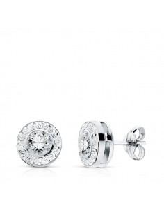 18K PENDIENTES ORO BLANCO  CHATON REDONDOS  7 MM  CON GRECA   Y  CIRCONITA   CIERRE PRESION
