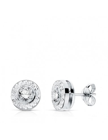 18K PENDIENTES ORO BLANCO  CHATON REDONDOS  7 MM  CON GRECA   Y  CIRCONITA   CIERRE PRESION