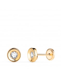 18K PENDIENTES ORO AMARILLO CHATON REDONDO CONCAVO CON CIRCONITA. ANCHO: 5 5 MM. CIERRE TUERCA