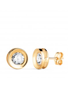 18K PENDIENTES ORO AMARILLO CHATON REDONDO CONCAVO CON CIRCONITA. ANCHO: 8 MM. CIERRE PRESION