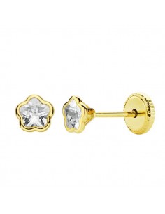 18K PENDIENTES ORO AMARILLO CHATON FLOR CIRCONITA 4X4 MM. CIERRE TUERCA