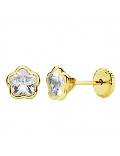 18K PENDIENTES ORO AMARILLO CHATON FLOR CIRCONITA 5X5 MM CIERRE TUERCA