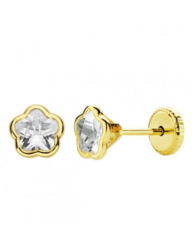 18K PENDIENTES ORO AMARILLO CHATON FLOR CIRCONITA 5X5 MM CIERRE TUERCA