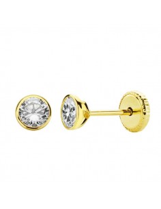 18K PENDIENTES ORO AMARILLO CHATON REDONDOS CIRCONITA 4 MM CIERRE TUERCA