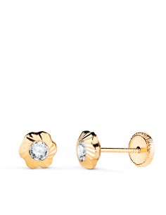 18K PENDIENTES ORO AMARILLO CHATON FLOR ORLA TALLADA CIRCONITA. MEDIDA: 5 5MM CIERRE TUERCA