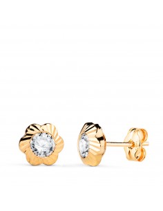 18K PENDIENTES ORO AMARILLO CHATON FLOR ORLA TALLADA CIRCONITA. MEDIDA: 7MM CIERRE PRESION
