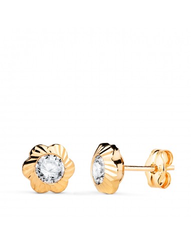 18K PENDIENTES ORO AMARILLO CHATON FLOR ORLA TALLADA CIRCONITA. MEDIDA: 7MM CIERRE PRESION