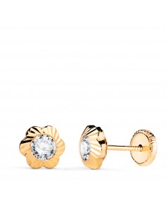 18K PENDIENTES ORO AMARILLO CHATON FLOR ORLA TALLADA CIRCONITA. MEDIDA: 7MM CIERRE TUERCA