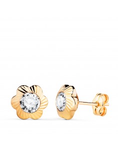 18K PENDIENTES ORO AMARILLO CHATON  FLOR ORLA TALLADA CIRCONITA. MEDIDA: 9MM CIERRE PRESION