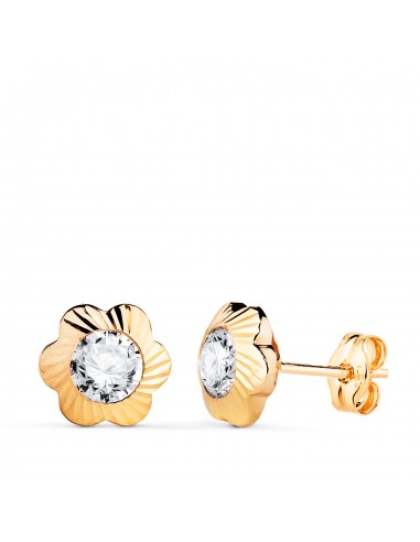18K PENDIENTES ORO AMARILLO CHATON  FLOR ORLA TALLADA CIRCONITA. MEDIDA: 9MM CIERRE PRESION